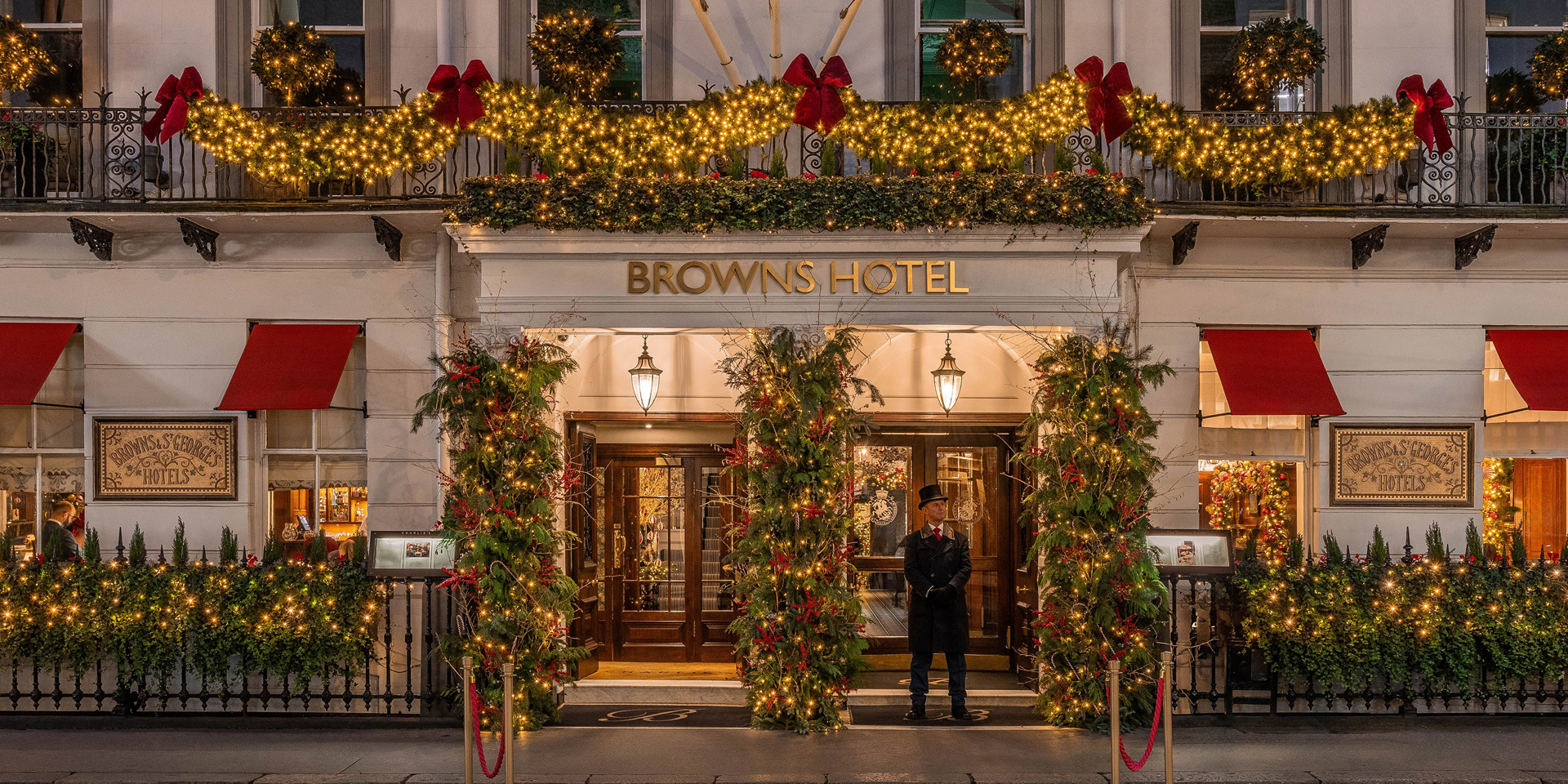 Outside Browns Hotel in London at Christmas.