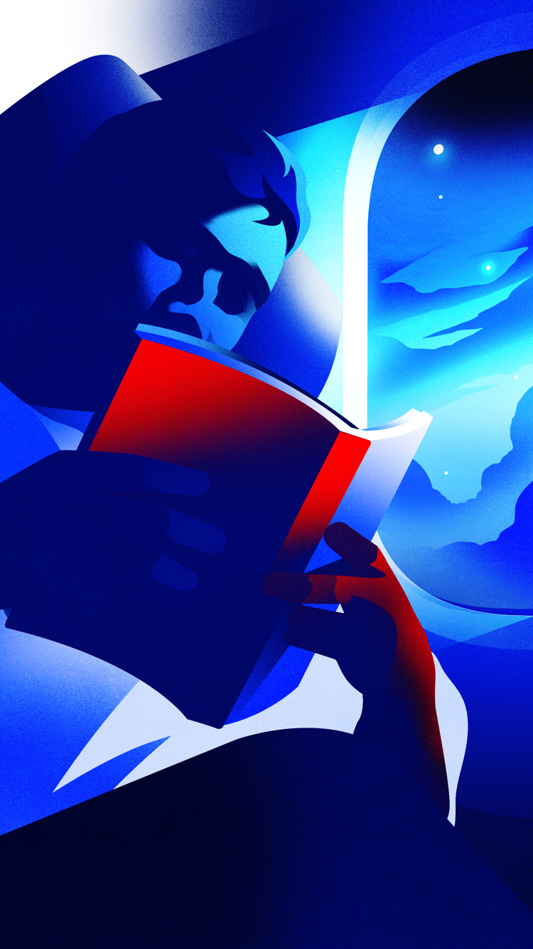 An illustration of a man reading a book on a British Airways plane.