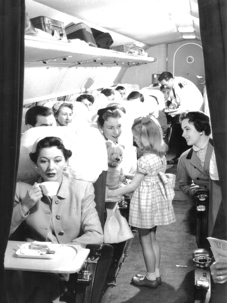 A black and white photograph inside a BOAC De Havilland DH106 Comet.