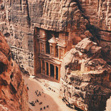 Looking down on a church built into rocks in Petra.