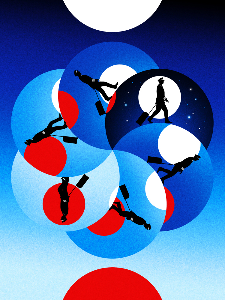A pilot with a suitcase in a series of red and blue circles.