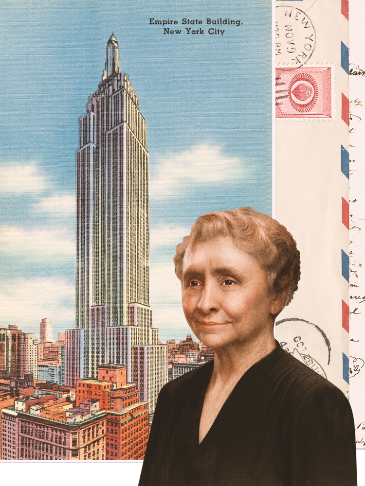 An illustration of Helen Keller in front of an old postcard of the Empire State Building.