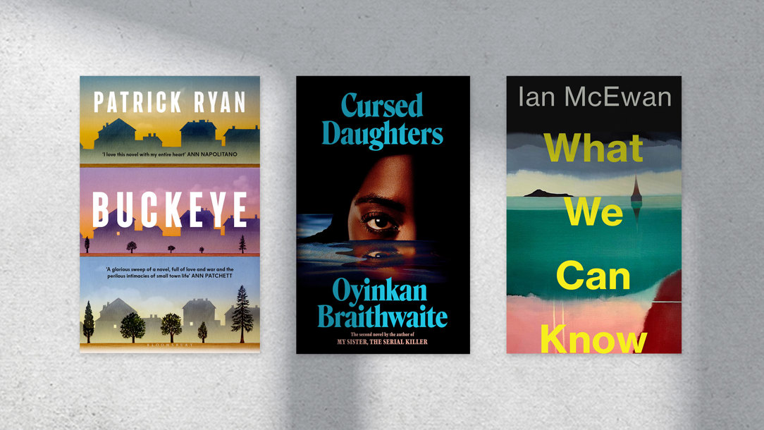 Book jackets on a grey background with the shadow of a window.