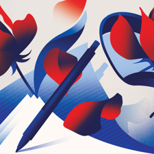 An abstract illustration showing rose petals and pens in tones of red, white and blue.