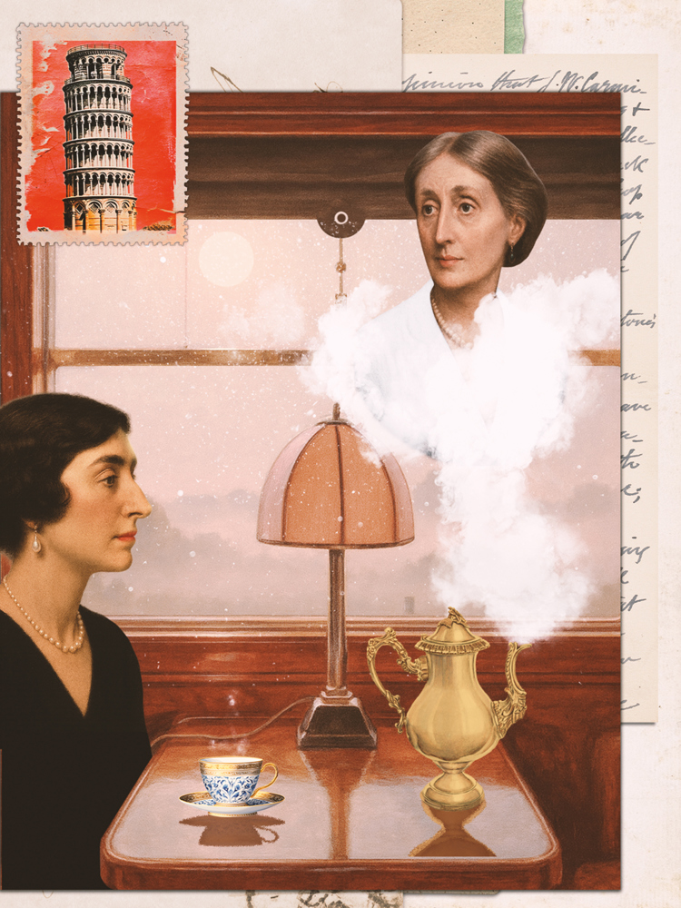An illustration of Vita Sackville West on a train with a picture of Virginia Woolf above her.