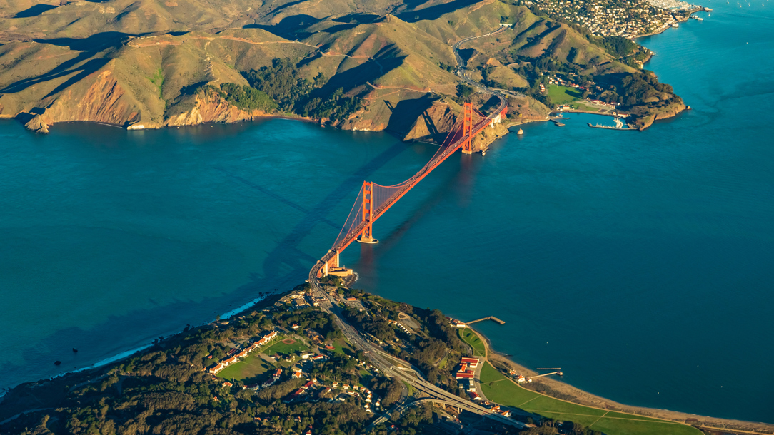 The Golden Gate Bridge photographed from above.