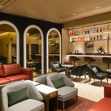 A wide view of the British Airways lounge at Dubai airport.