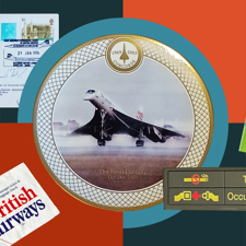 A collage of airline memorabilia on a multicoloured background.