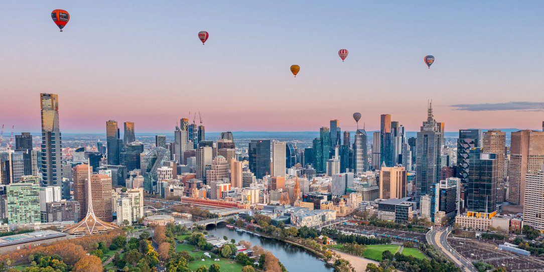 Hot air ballons flying over Melbourne, Australia.