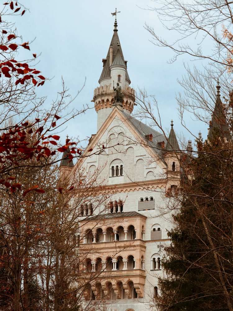 A grand building in Munich framed by bare tree branches.