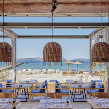 A restaurant next to the beach at the W Costa Navarino hotel.