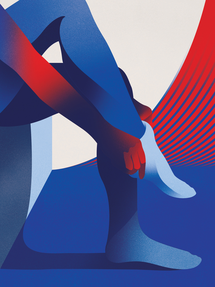 An illustration of a person putting on socks on an airplane.