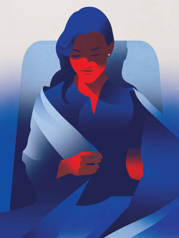 An illustration of a person covering themselves with a wrap on an airplane.