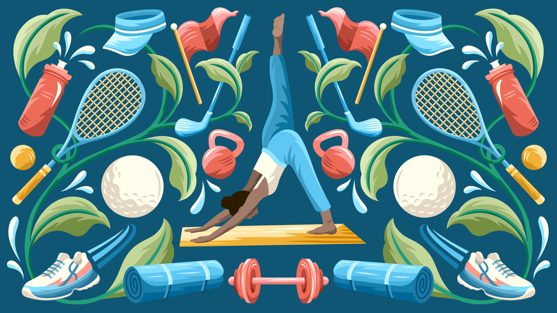 An illustration of sports equipment arranged around a woman doing yoga.