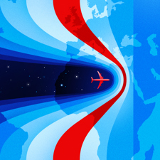 A red plane flying through time zones on a map of the world.