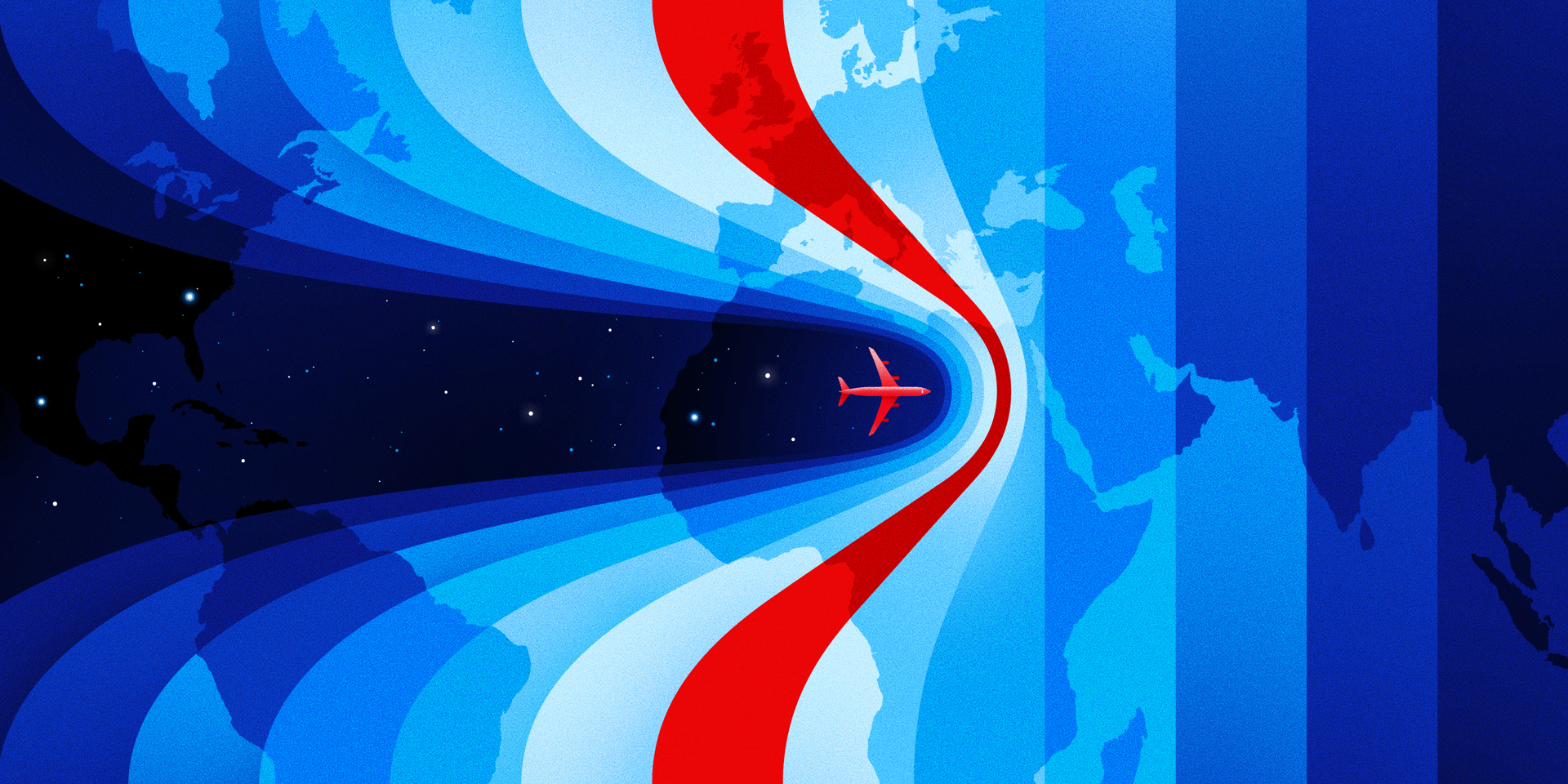 A red plane flying through time zones on a map of the world.