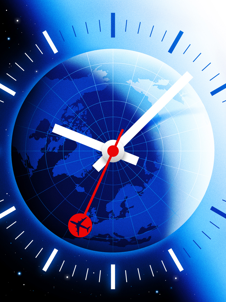 A clock in the shape of a globe with a red plane as one of the hands.